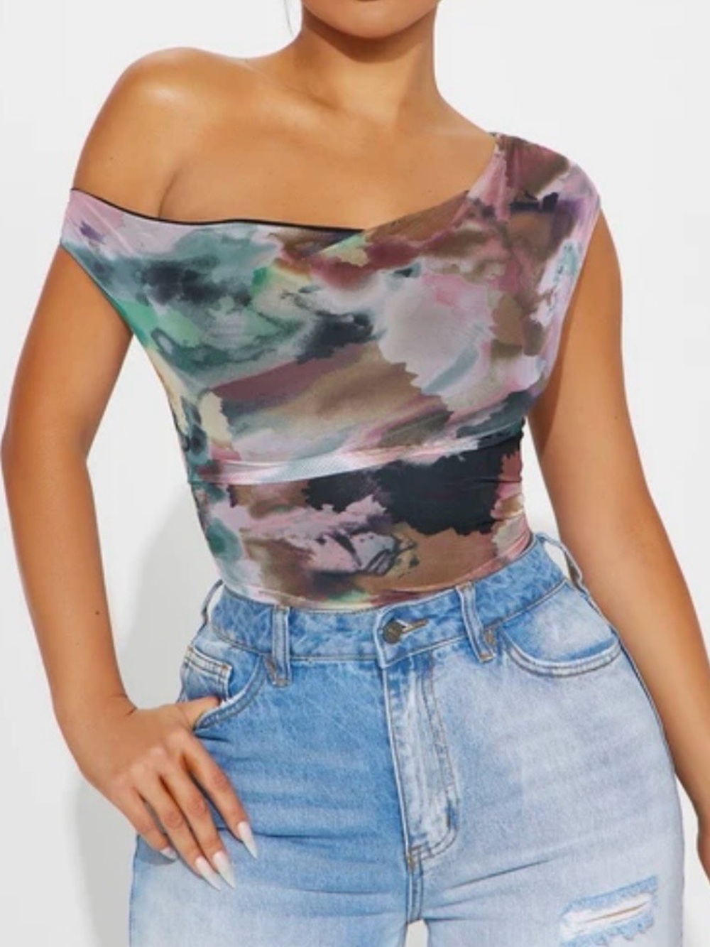 One-Shoulder Women's Swimsuit in Multicolor Watercolor Print - Picture 3 of 4